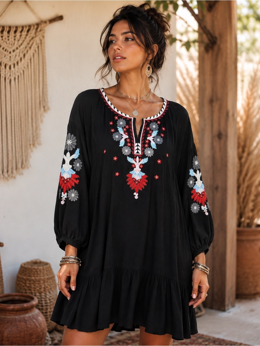 Stellah Black Long Sleeve Boho Embroidered Peasant Folklore Flowy Dress Sz M